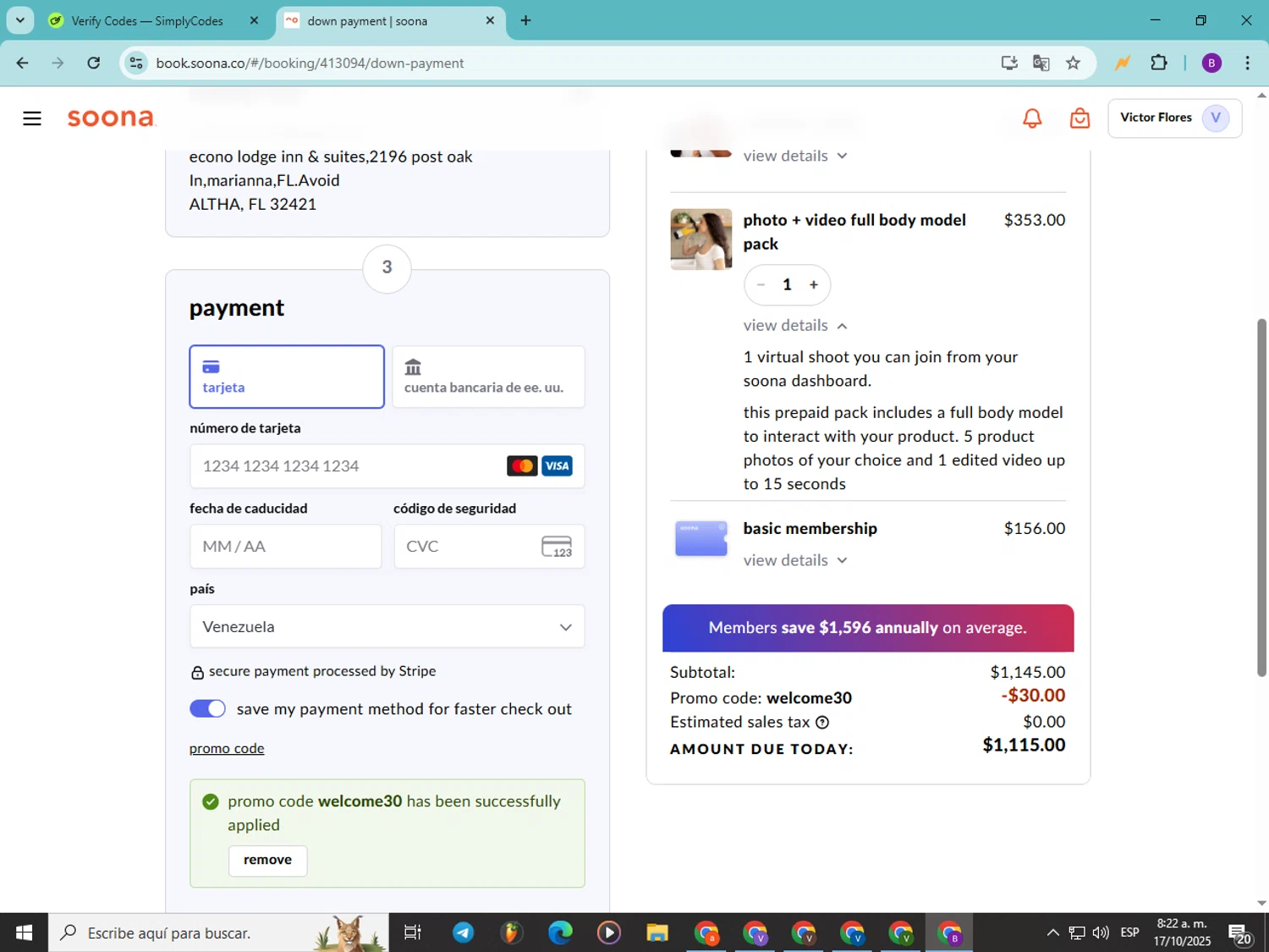 Soona promo code screenshot showing code WELCOME30 applied at Soona checkout page. Uploaded by SimplyCodes community member Soyvictor on Oct 17, 2025