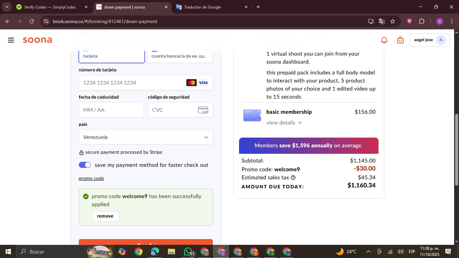 Soona promo code screenshot showing code WELCOME9 applied at Soona checkout page. Uploaded by SimplyCodes community member FrugalPro5078 on Oct 12, 2025