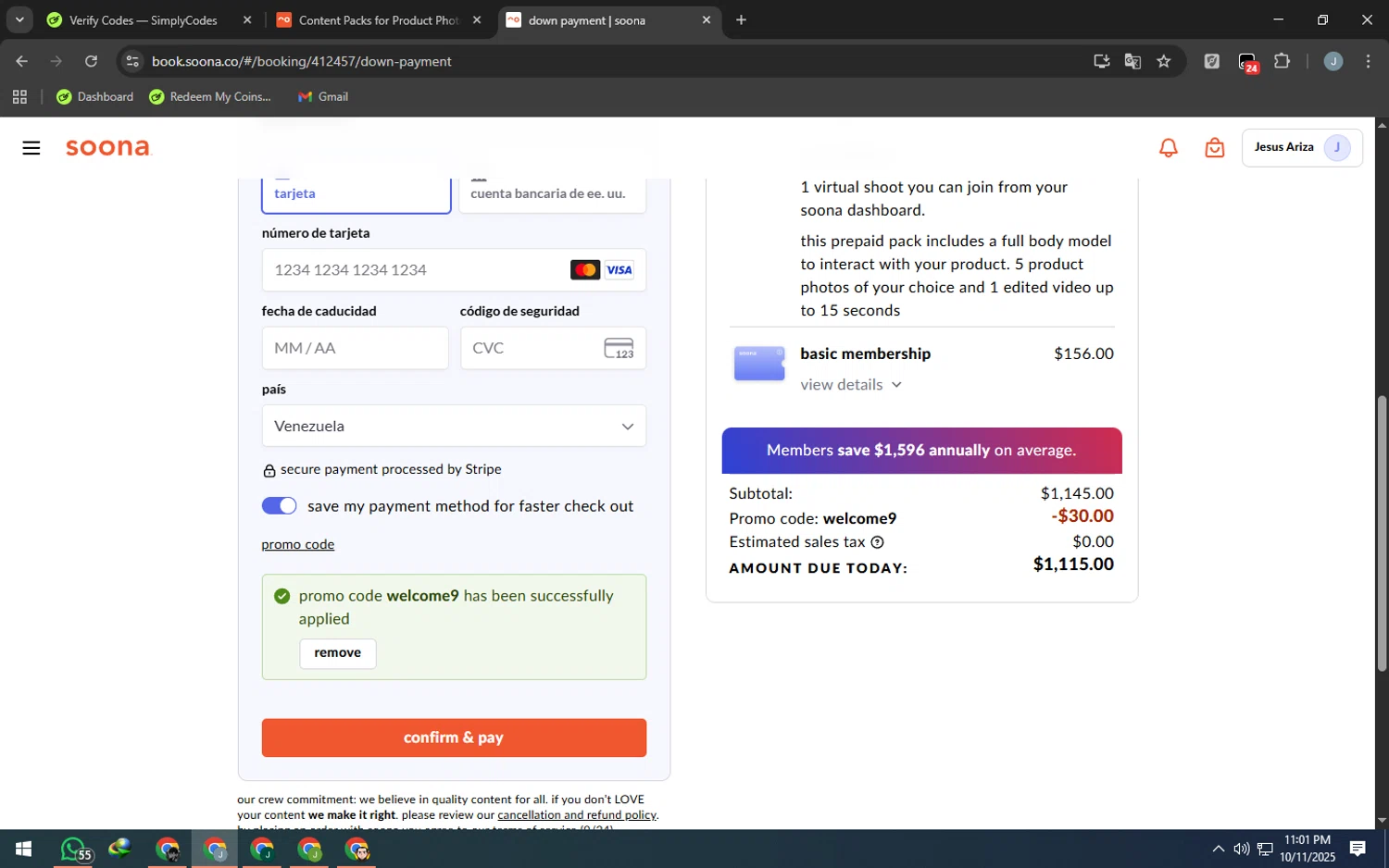 Soona promo code screenshot showing code WELCOME9 applied at Soona checkout page. Uploaded by SimplyCodes community member MarkGrayson on Oct 12, 2025