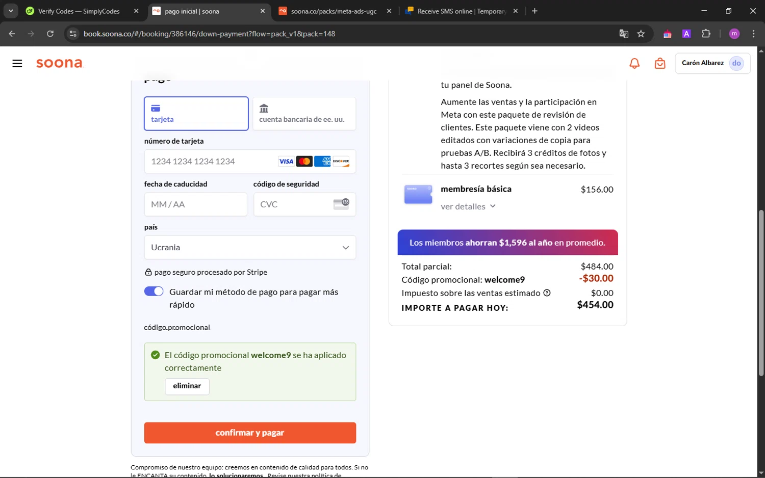 Soona promo code screenshot showing code WELCOME9 applied at Soona checkout page. Uploaded by SimplyCodes community member TokenChaser4876 on Mar 26, 2025