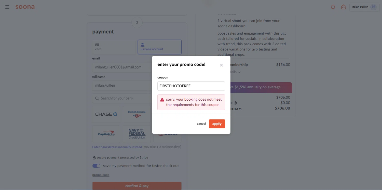 Soona promo code screenshot showing code FIRSTPHOTOFREE applied at Soona checkout page. Uploaded by SimplyCodes community member _Capi_ on Aug 2, 2025