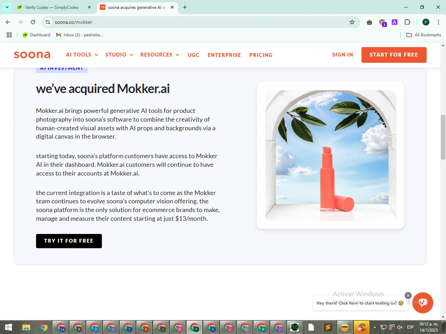 Soona promo code screenshot showing code FIRSTPHOTOFREE applied at Soona checkout page. Uploaded by SimplyCodes community member PrimeExpert4447 on Jan 14, 2025