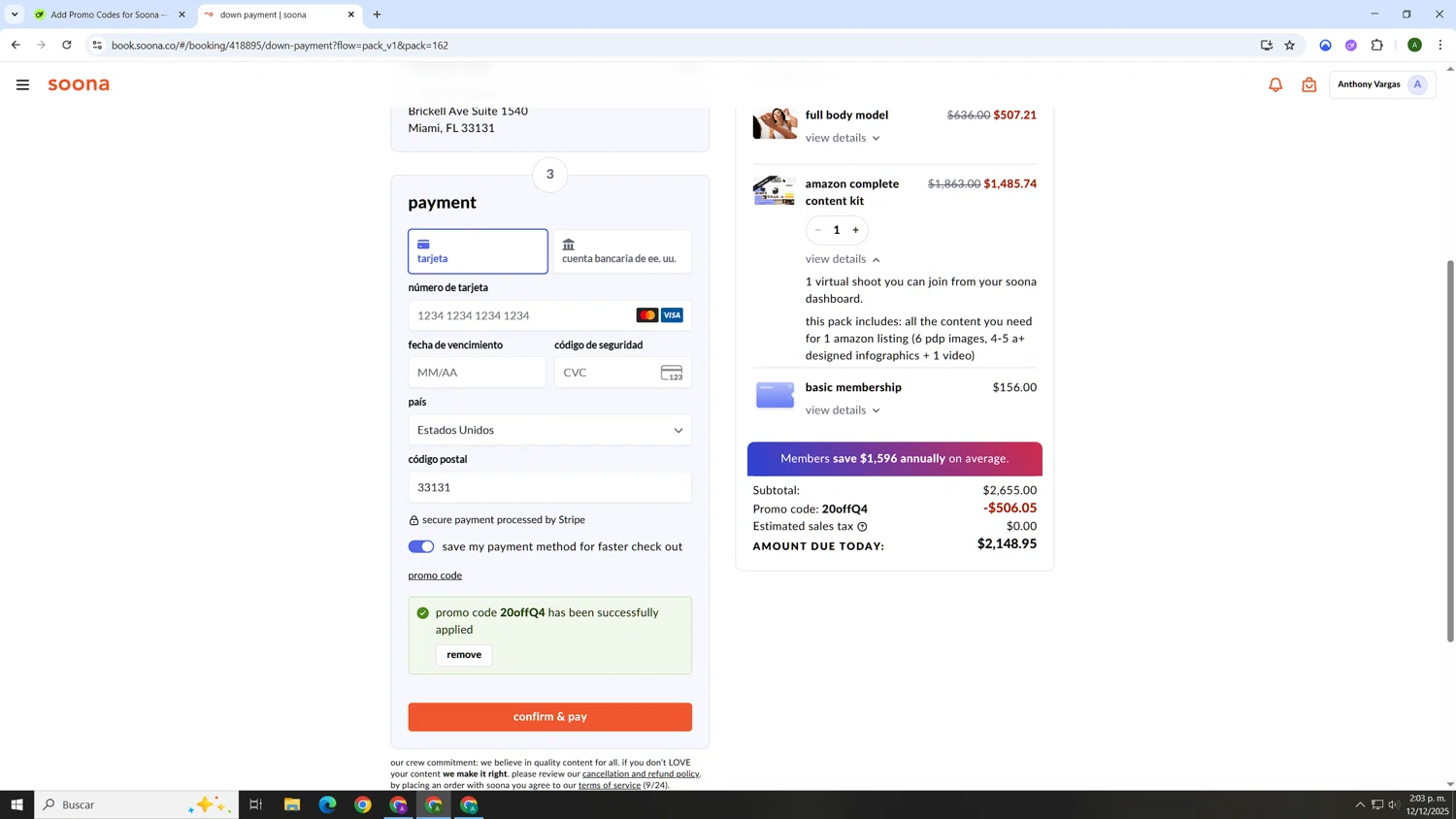 Soona promo code screenshot showing code 20offQ4 applied at Soona checkout page. Uploaded by SimplyCodes community member AnthonyGTX on Dec 12, 2025