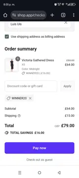 Winner20 coupon verification screenshot
