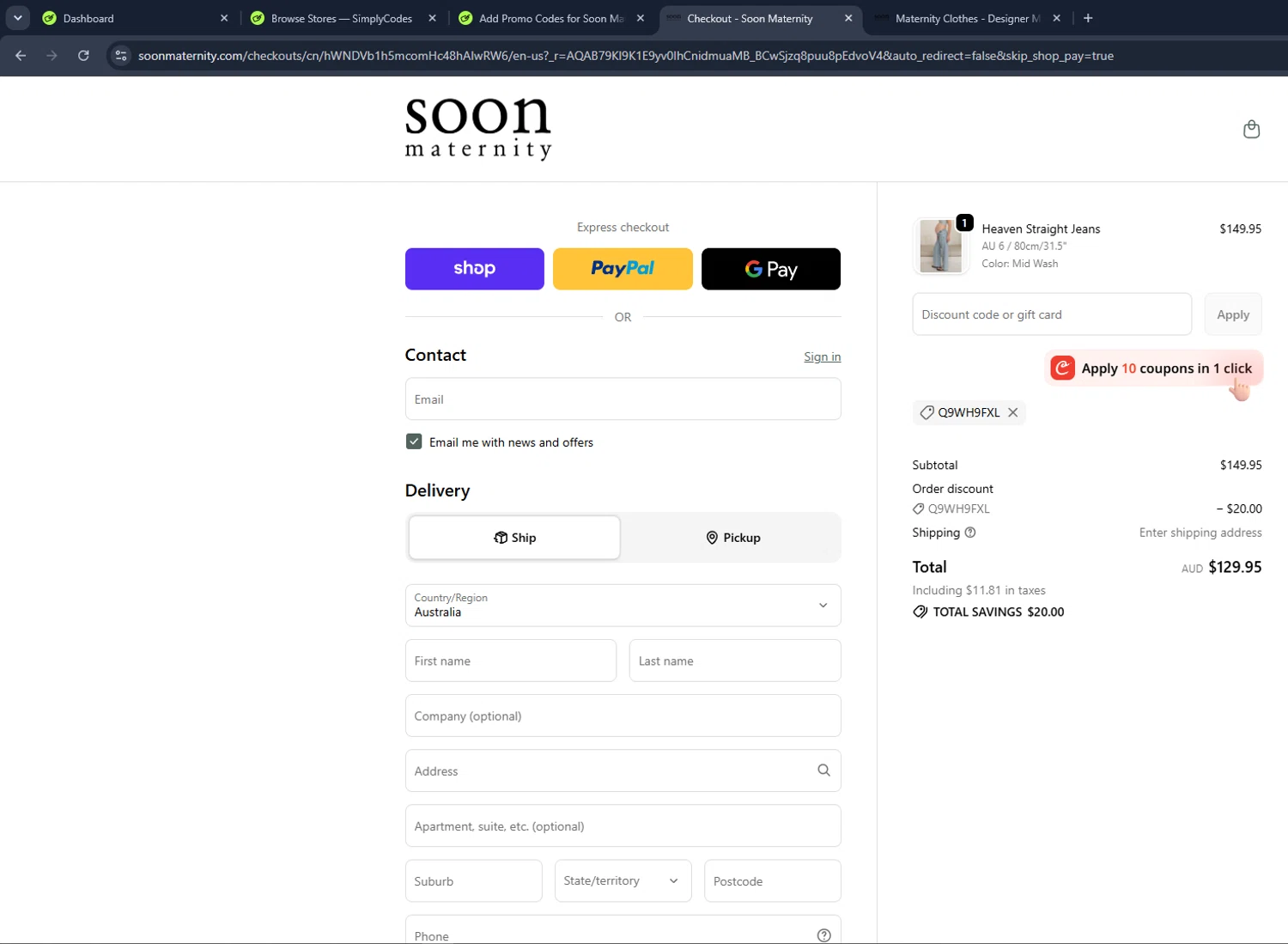 Soon Maternity promo code screenshot showing code Q9WH9FXL applied at Soon Maternity checkout page. Uploaded by SimplyCodes community member VictoriousCaptain3902 on Jun 19, 2026