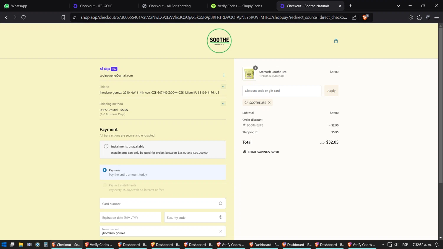 Soothe Naturals coupon code screenshot showing code SOOTHELIFE applied at Soothe Naturals checkout page. Uploaded by SimplyCodes community member SimplyGOAT on Jan 23, 2025