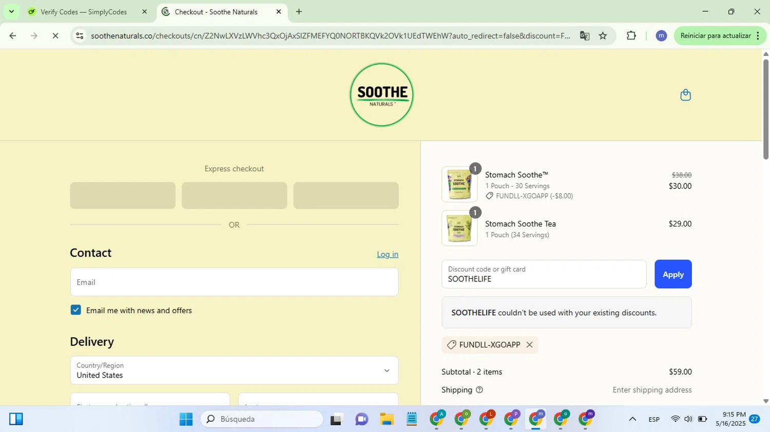 Soothe Naturals coupon code screenshot showing code SOOTHELIFE applied at Soothe Naturals checkout page. Uploaded by SimplyCodes community member CleverSleuth6844 on May 17, 2025