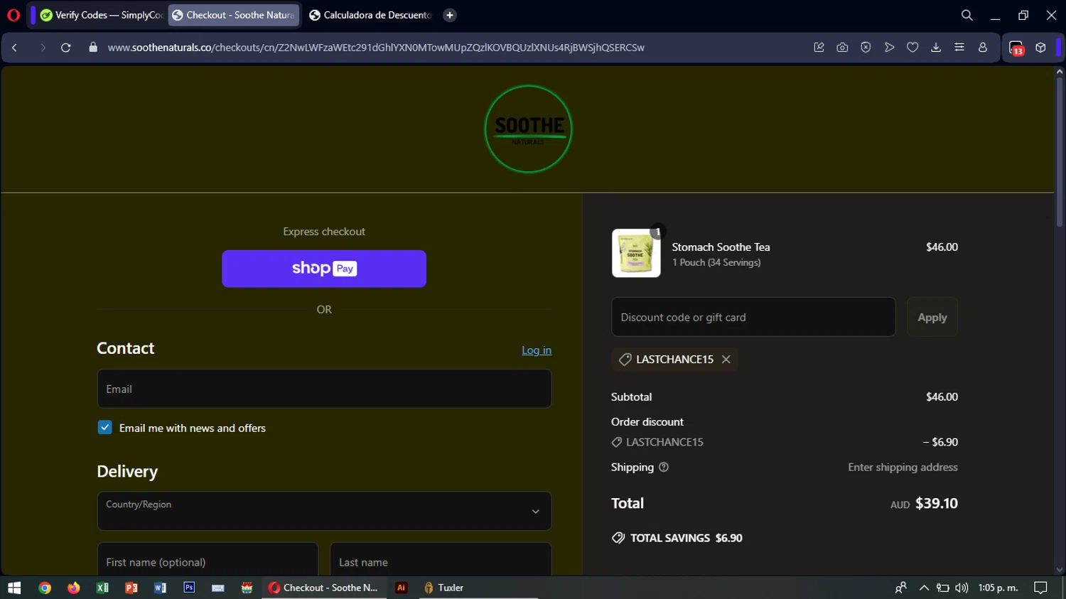 Soothe Naturals coupon code screenshot showing code lastchance15 applied at Soothe Naturals checkout page. Uploaded by SimplyCodes community member SavingsTiger3479 on Jun 22, 2025