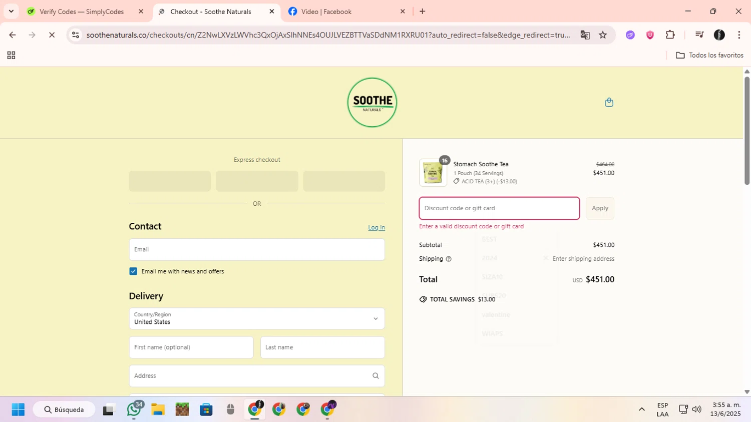 Soothe Naturals coupon code screenshot showing code Mem15 applied at Soothe Naturals checkout page. Uploaded by SimplyCodes community member ChinoYugiXD on Jun 13, 2025