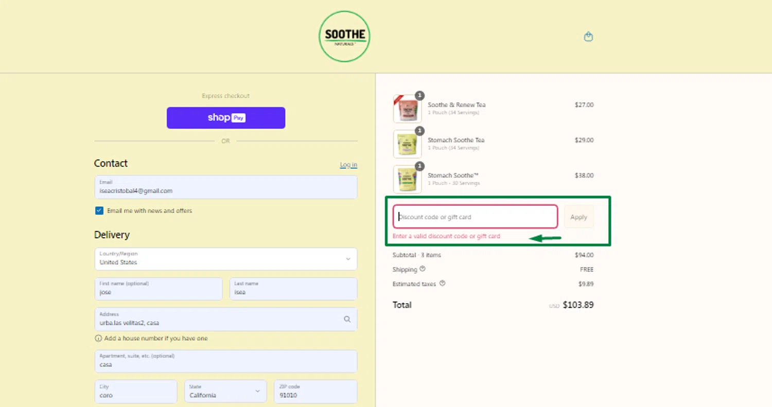 Soothe Naturals coupon code screenshot showing code Mem15 applied at Soothe Naturals checkout page. Uploaded by SimplyCodes community member kaneky on Jun 13, 2025