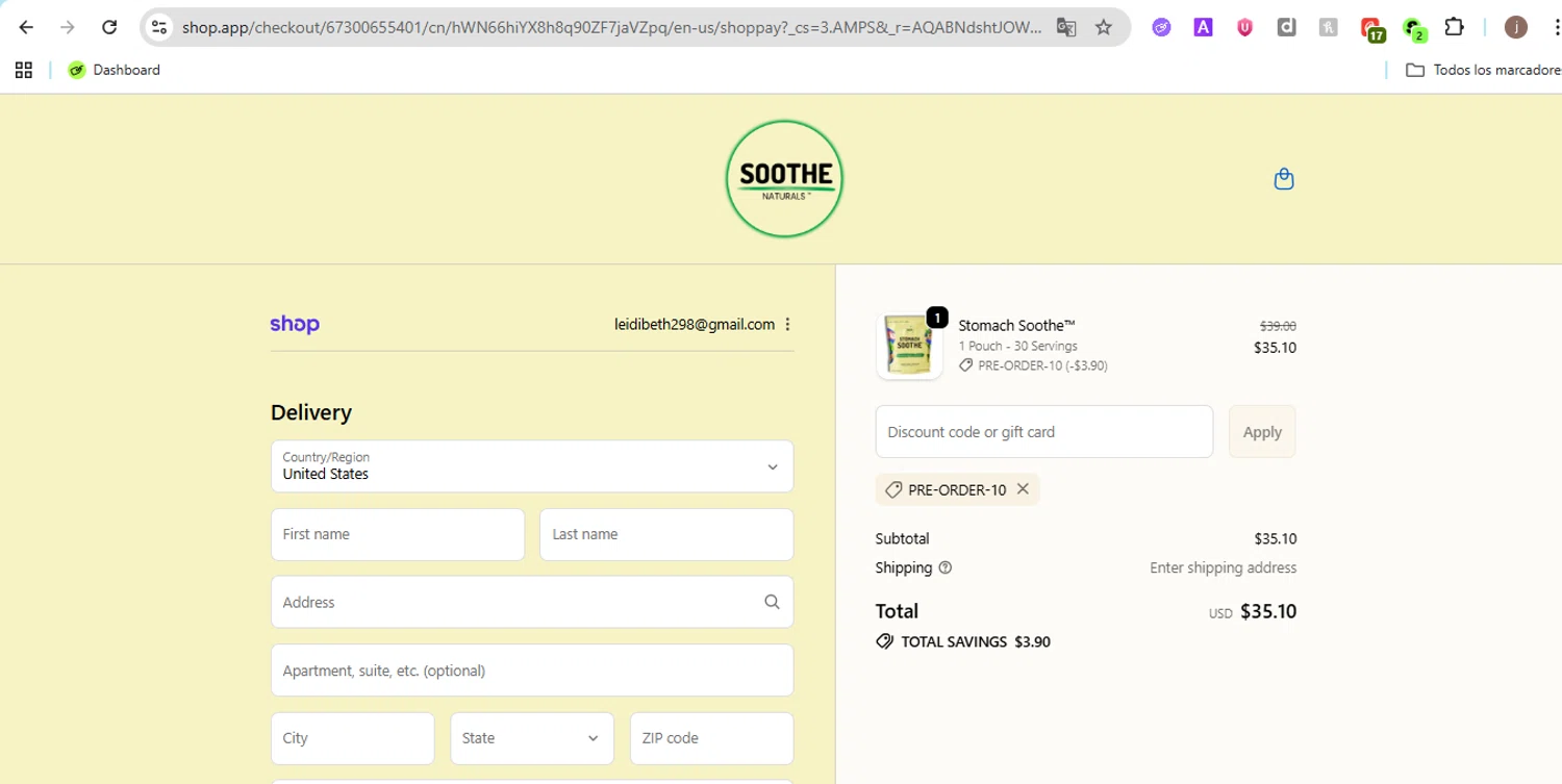 Soothe Naturals coupon code screenshot showing code PRE-ORDER-10 applied at Soothe Naturals checkout page. Uploaded by SimplyCodes community member Jose29 on Dec 6, 2025