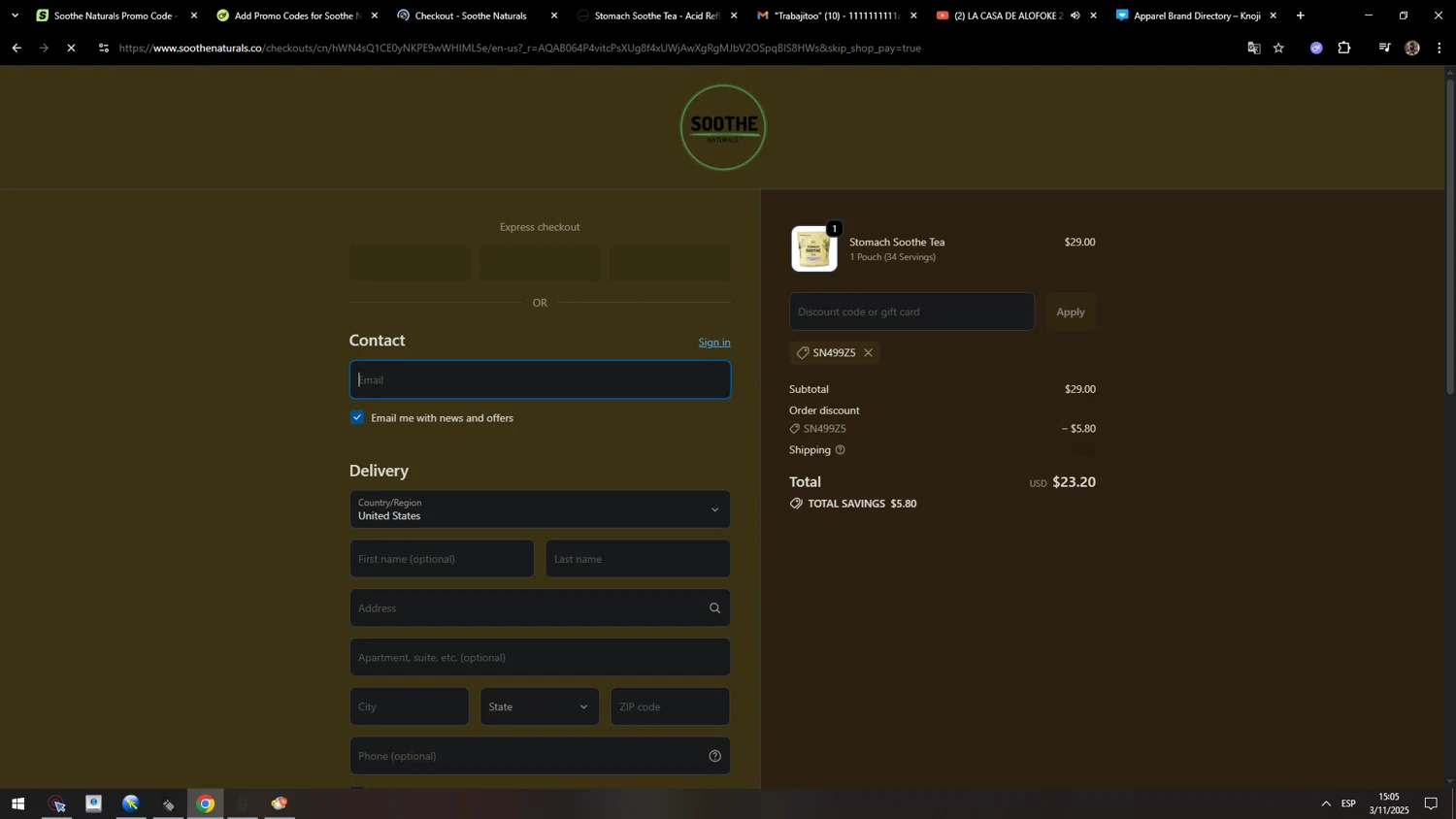 Soothe Naturals coupon code screenshot showing code sn499z5 applied at Soothe Naturals checkout page. Uploaded by SimplyCodes community member MarcosAranguren on Nov 3, 2025