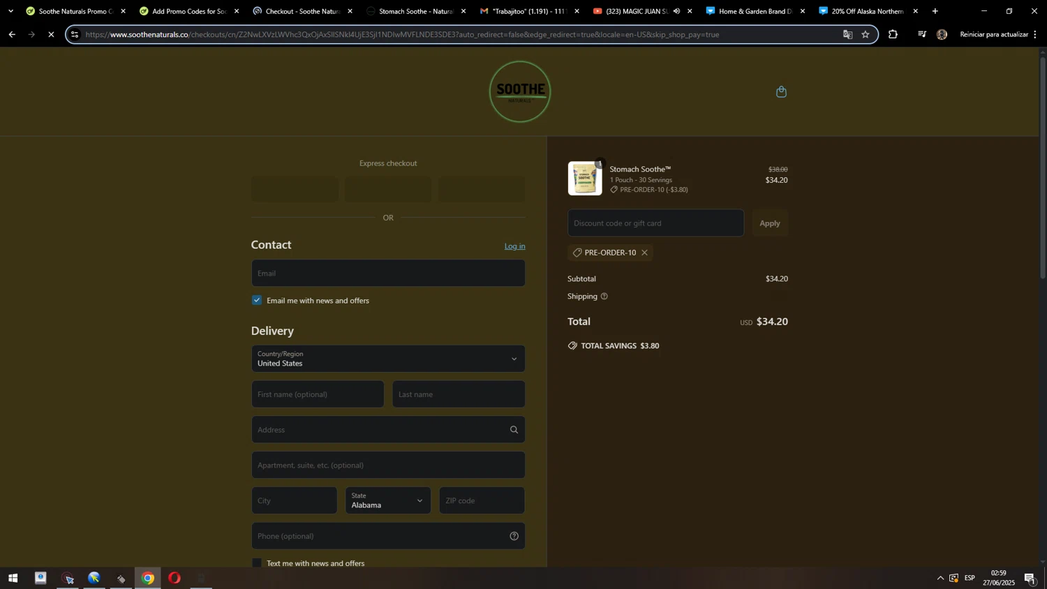 Soothe Naturals coupon code screenshot showing code PRE-ORDER-10 applied at Soothe Naturals checkout page. Uploaded by SimplyCodes community member MarcosAranguren on Jun 27, 2025