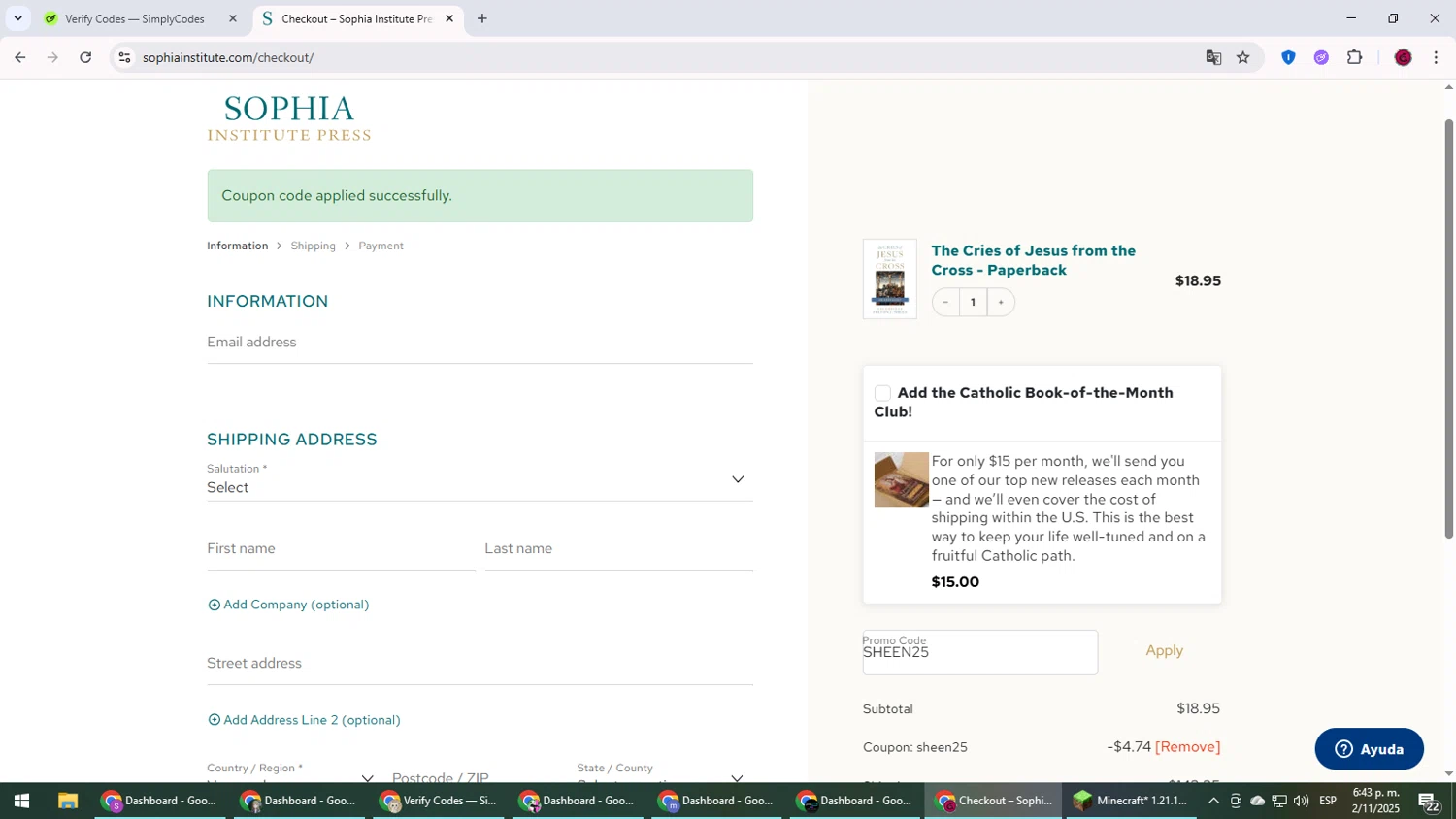 Sophia Institute Press discount code screenshot showing code SHEEN25 applied at Sophia Institute Press checkout page. Uploaded by SimplyCodes community member MightyLegend6657 on Nov 2, 2025