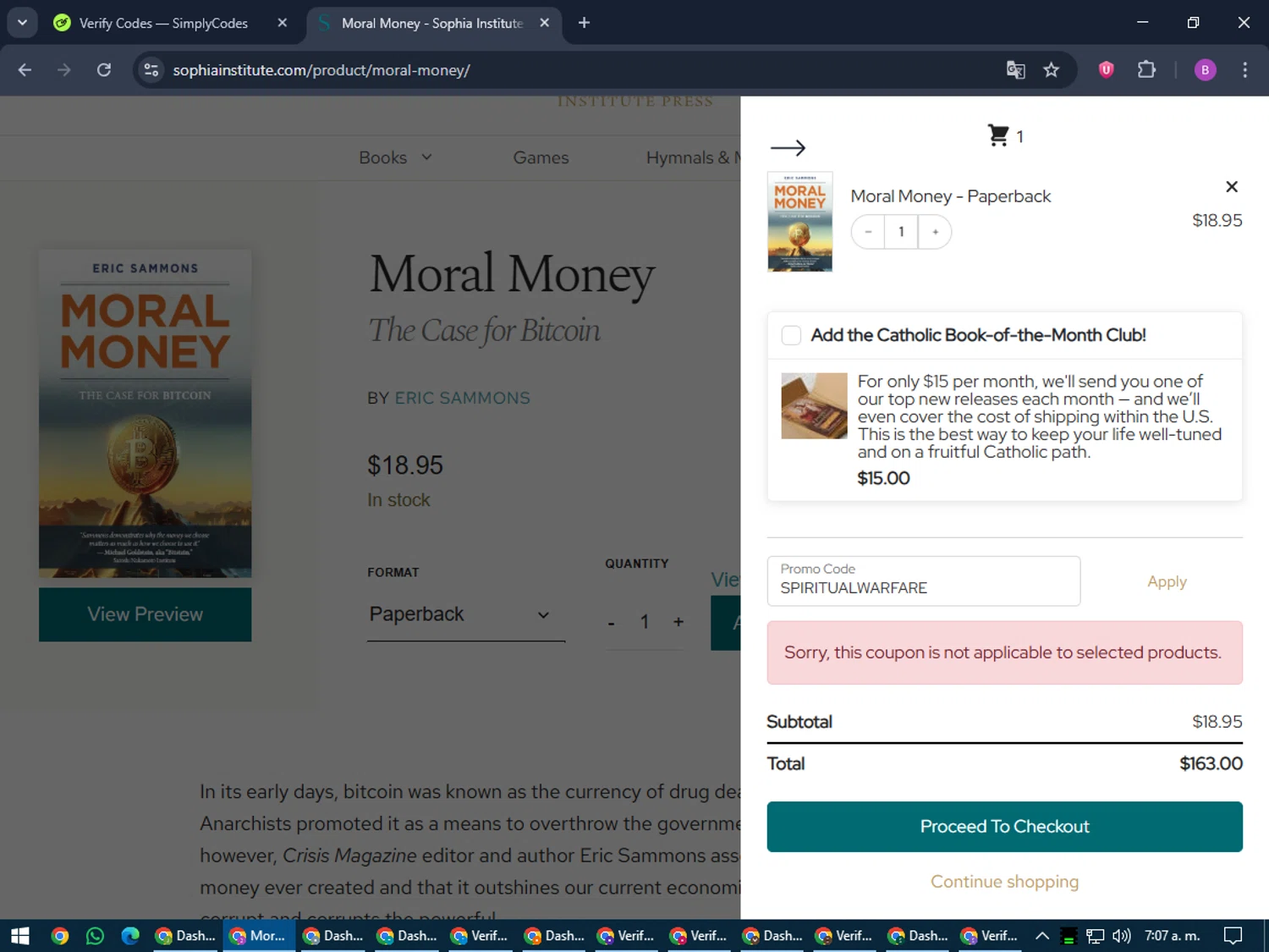 Sophia Institute Press discount code screenshot showing code SPIRITUALWARFARE applied at Sophia Institute Press checkout page. Uploaded by SimplyCodes community member travisscott on Jul 2, 2025