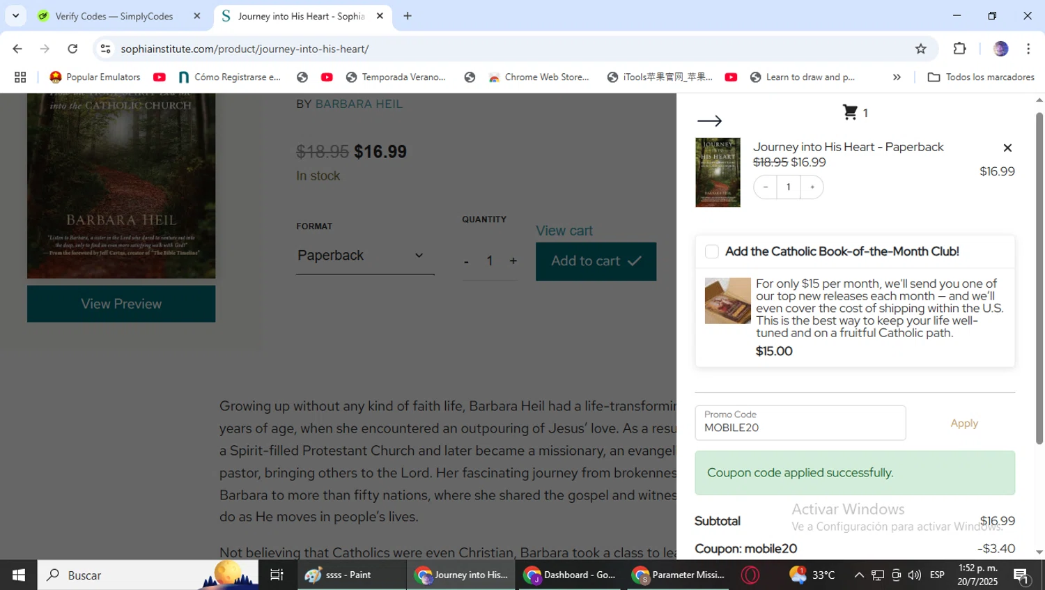 Sophia Institute Press discount code screenshot showing code MOBILE20 applied at Sophia Institute Press checkout page. Uploaded by SimplyCodes community member DealLynx6506 on Jul 20, 2025