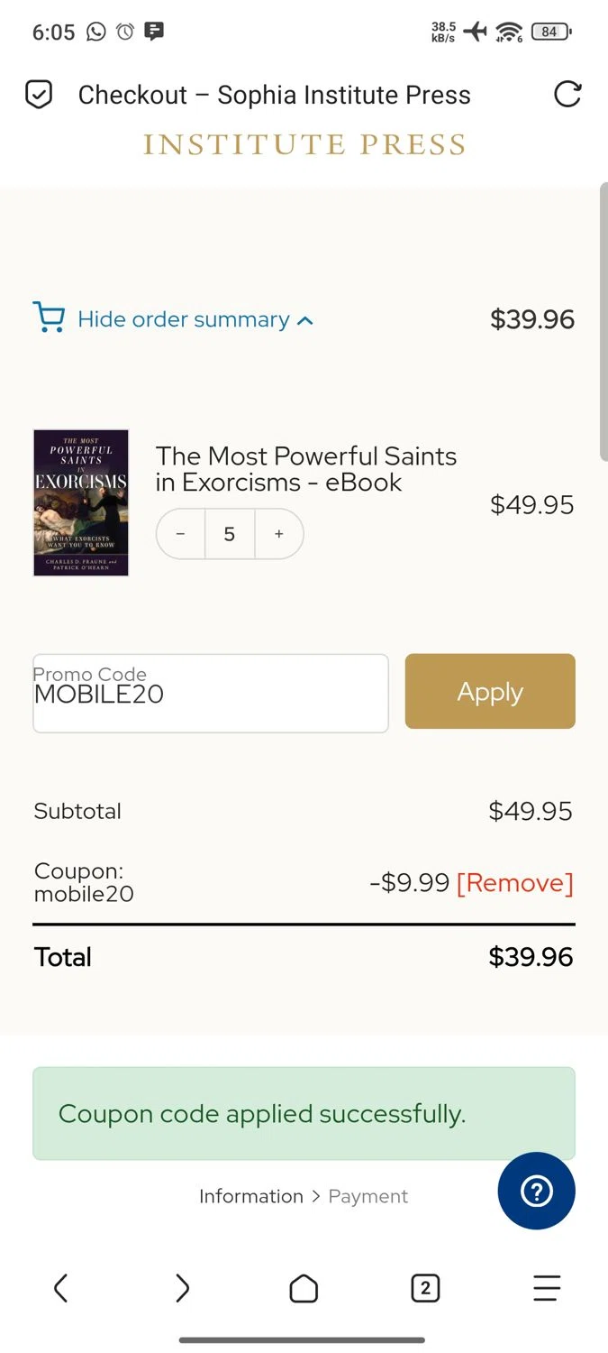 Sophia Institute Press discount code screenshot showing code MOBILE20 applied at Sophia Institute Press checkout page. Uploaded by SimplyCodes community member KingRa on Sep 16, 2025