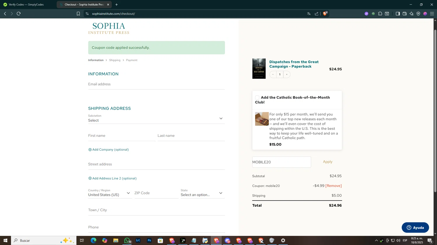 Sophia Institute Press discount code screenshot showing code MOBILE20 applied at Sophia Institute Press checkout page. Uploaded by SimplyCodes community member SmartGuardian6731 on Aug 18, 2025
