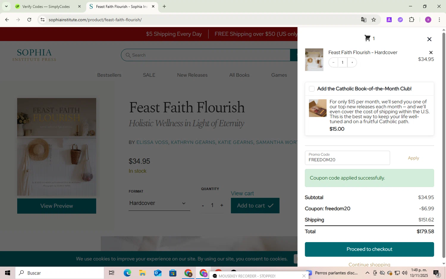 Sophia Institute Press discount code screenshot showing code FREEDOM20 applied at Sophia Institute Press checkout page. Uploaded by SimplyCodes community member Andygar on Nov 13, 2025