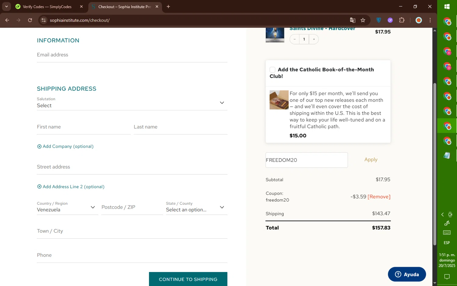 Sophia Institute Press discount code screenshot showing code FREEDOM20 applied at Sophia Institute Press checkout page. Uploaded by SimplyCodes community member DealElite4728 on Jul 20, 2025