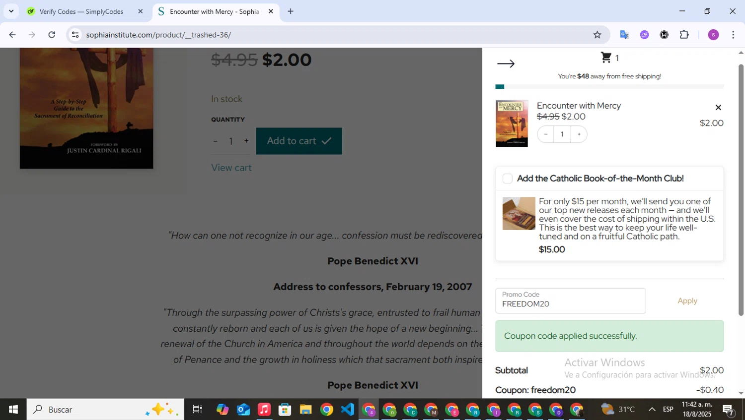 Sophia Institute Press discount code screenshot showing code FREEDOM20 applied at Sophia Institute Press checkout page. Uploaded by SimplyCodes community member WonderPioneer5062 on Aug 18, 2025