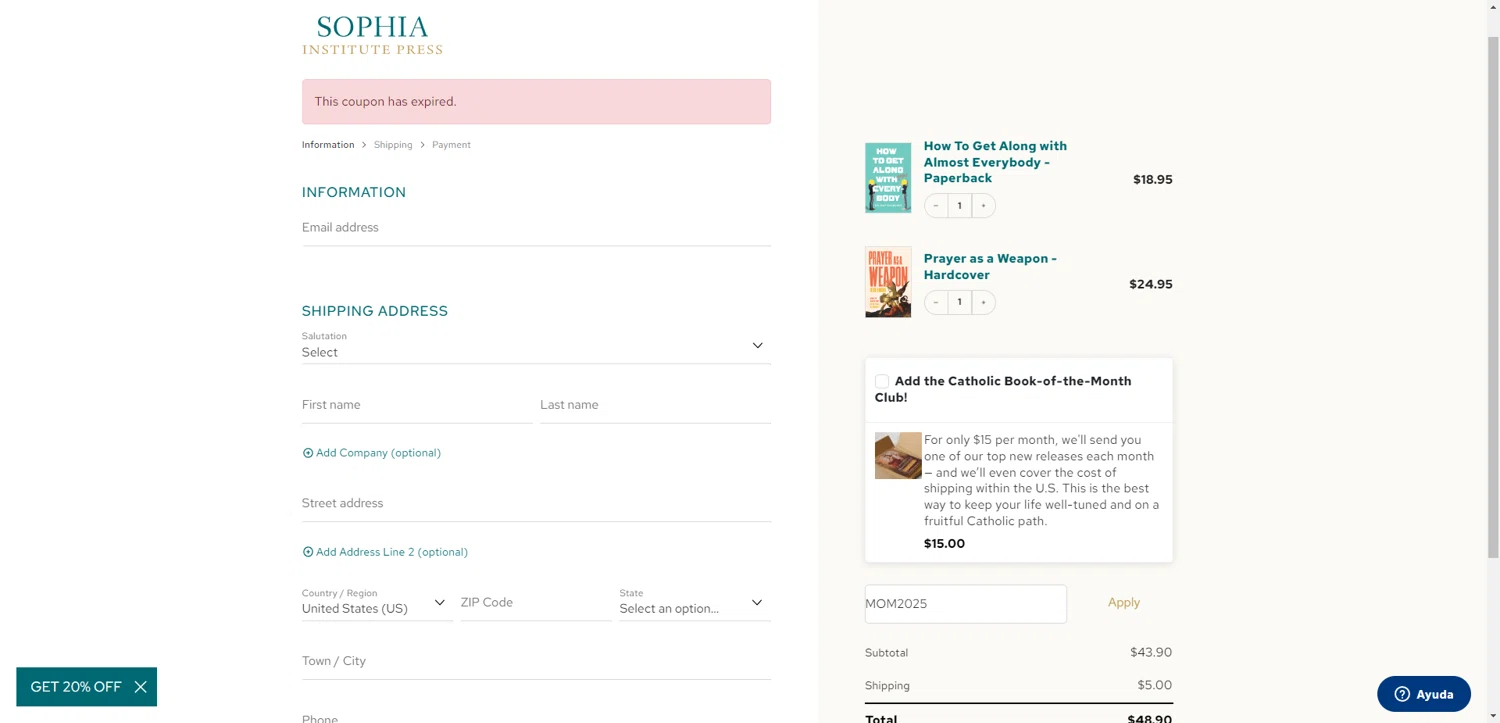 Sophia Institute Press discount code screenshot showing code MOM2025 applied at Sophia Institute Press checkout page. Uploaded by SimplyCodes community member RewardTitan728 on May 10, 2025