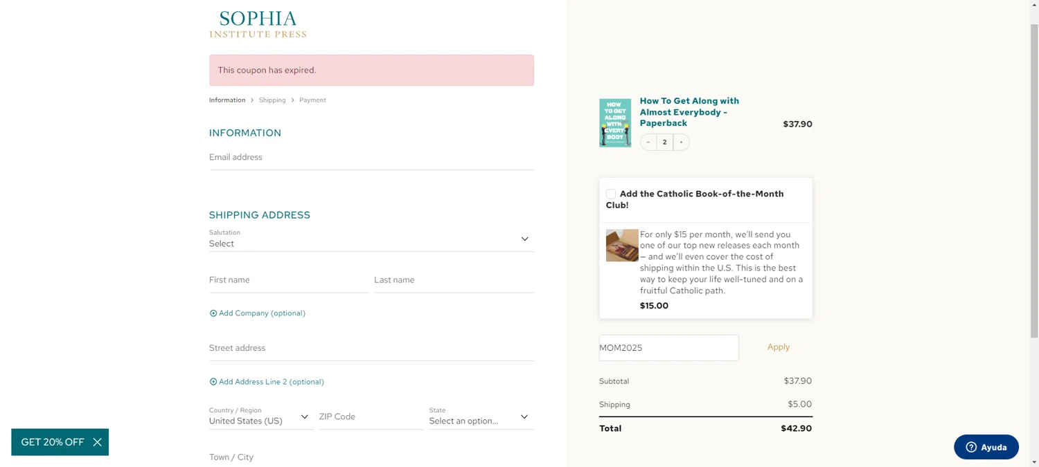 Sophia Institute Press discount code screenshot showing code MOM2025 applied at Sophia Institute Press checkout page. Uploaded by SimplyCodes community member CleverHawk1744 on May 10, 2025