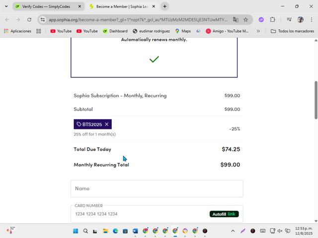 Sophia Learning checkout page showing Sophia Learning promo code box | Screenshot taken by SimplyCodes community member on Aug 12, 2025