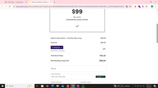 Sophia Learning checkout page showing Sophia Learning promo code box | Screenshot taken by SimplyCodes community member on Sep 5, 2025