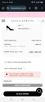 EMAIL20 coupon verification screenshot