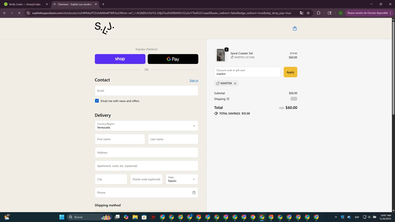 Sophie Lou Jacobsen promo code screenshot showing code martini applied at Sophie Lou Jacobsen checkout page. Uploaded by SimplyCodes community member GoldScout9735 on Nov 6, 2025
