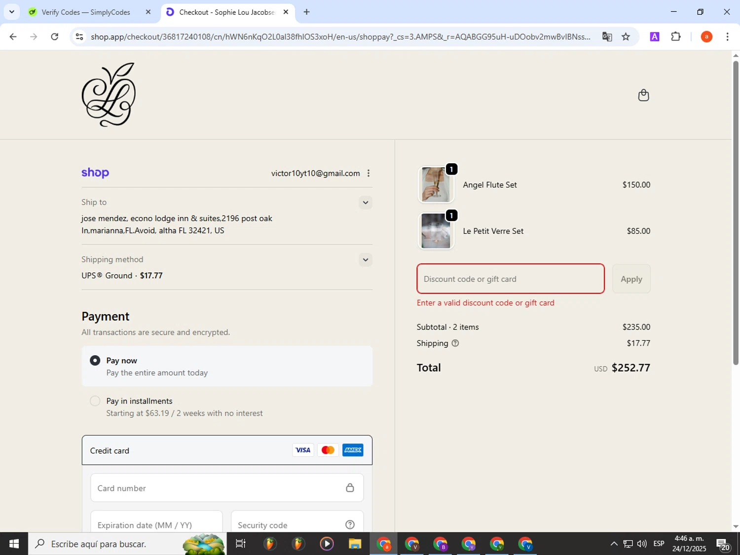Sophie Lou Jacobsen promo code screenshot showing code bubbly applied at Sophie Lou Jacobsen checkout page. Uploaded by SimplyCodes community member partenalgas on Dec 24, 2025