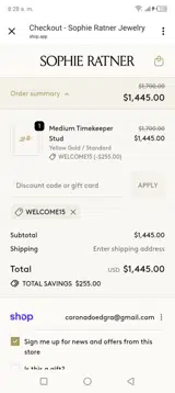 Welcome15 coupon verification screenshot