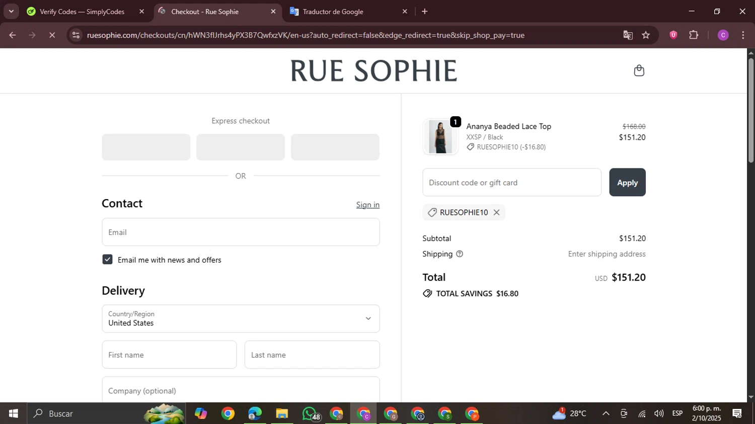 Sophie Rue discount code screenshot showing code RUESOPHIE10 applied at Sophie Rue checkout page. Uploaded by SimplyCodes community member FrugalPro5078 on Oct 2, 2025