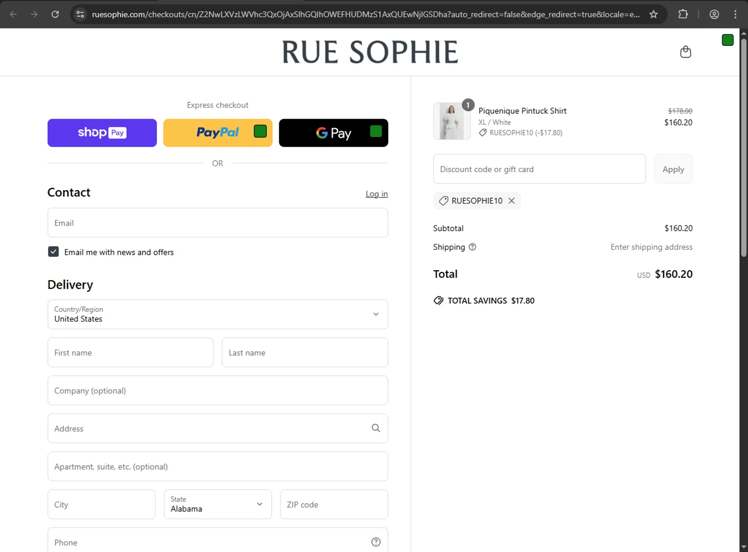 Sophie Rue discount code screenshot showing code RUESOPHIE10 applied at Sophie Rue checkout page. Uploaded by SimplyCodes community member luffyreturn on Jun 11, 2025