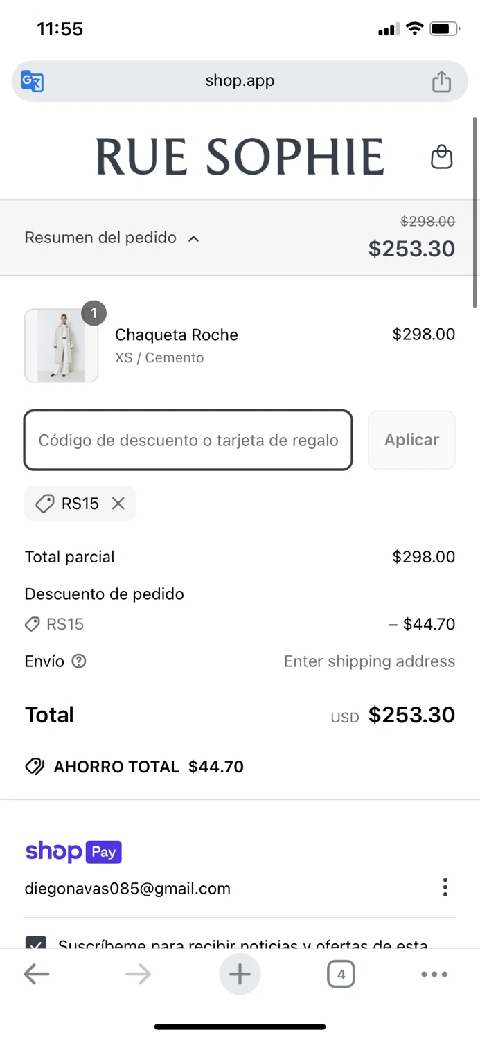 Sophie Rue discount code screenshot showing code RS15 applied at Sophie Rue checkout page. Uploaded by SimplyCodes community member morapr on Apr 18, 2025