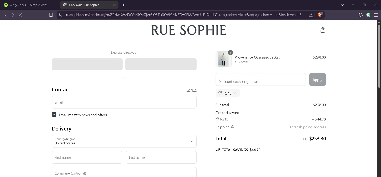 Sophie Rue discount code screenshot showing code RS15 applied at Sophie Rue checkout page. Uploaded by SimplyCodes community member Estefani4 on May 2, 2025