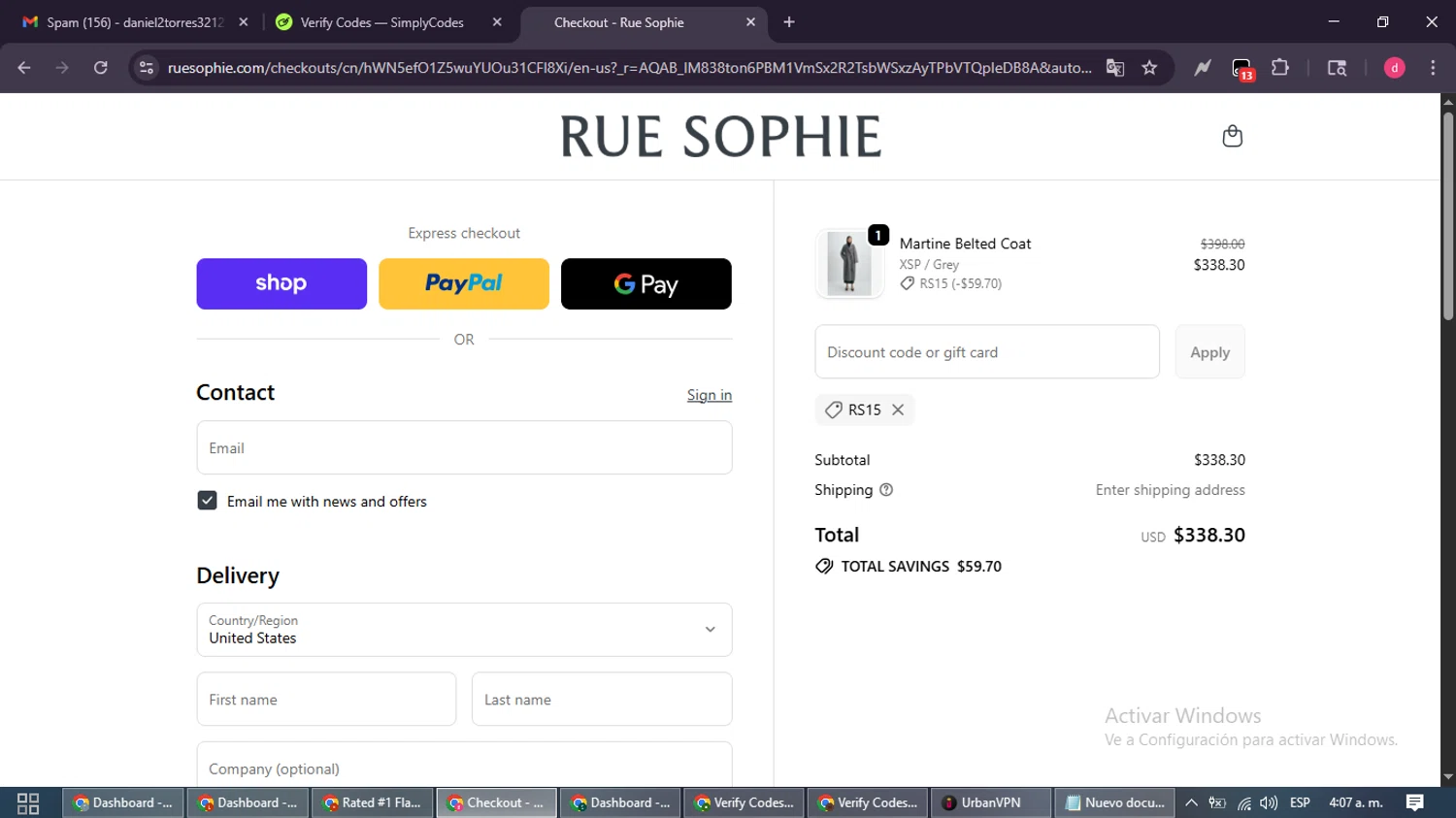 Sophie Rue discount code screenshot showing code RS15 applied at Sophie Rue checkout page. Uploaded by SimplyCodes community member MagnificentSpotter4236 on Nov 24, 2025
