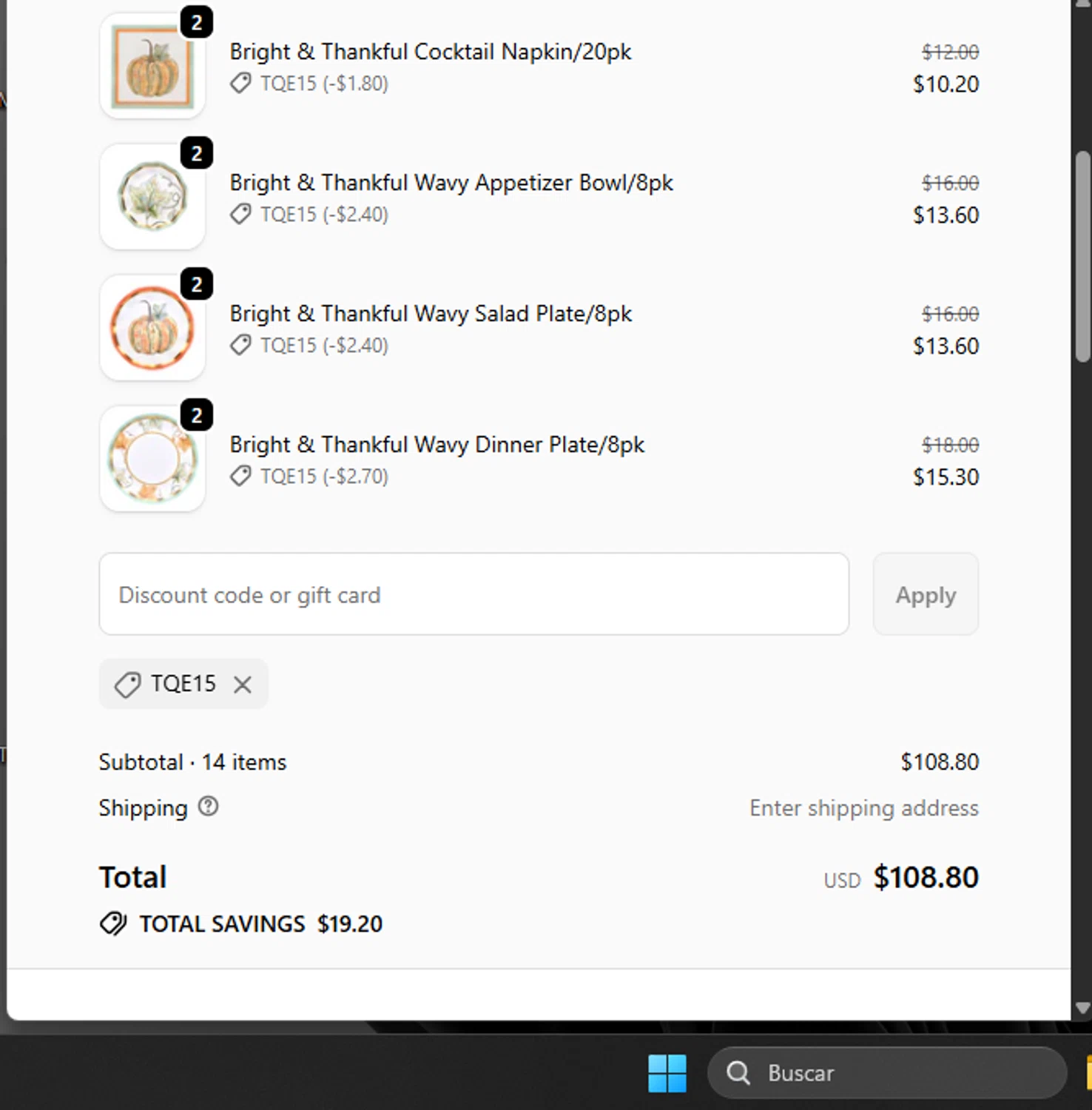 Sophistiplate discount code screenshot showing code TQE15 applied at Sophistiplate checkout page. Uploaded by SimplyCodes community member Pinkicuat on Oct 22, 2025