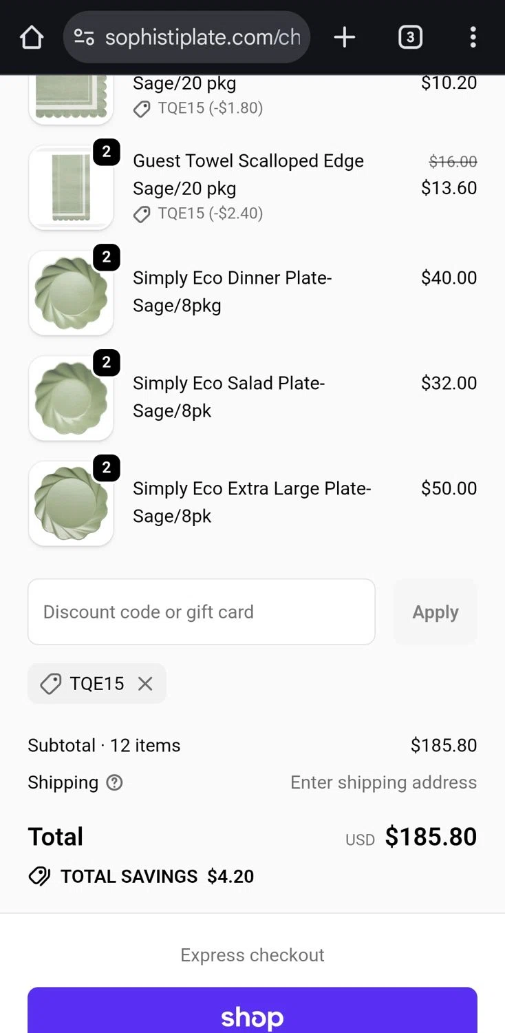 Sophistiplate checkout page showing Sophistiplate discount code box | Screenshot taken by SimplyCodes community member on Jan 31, 2026