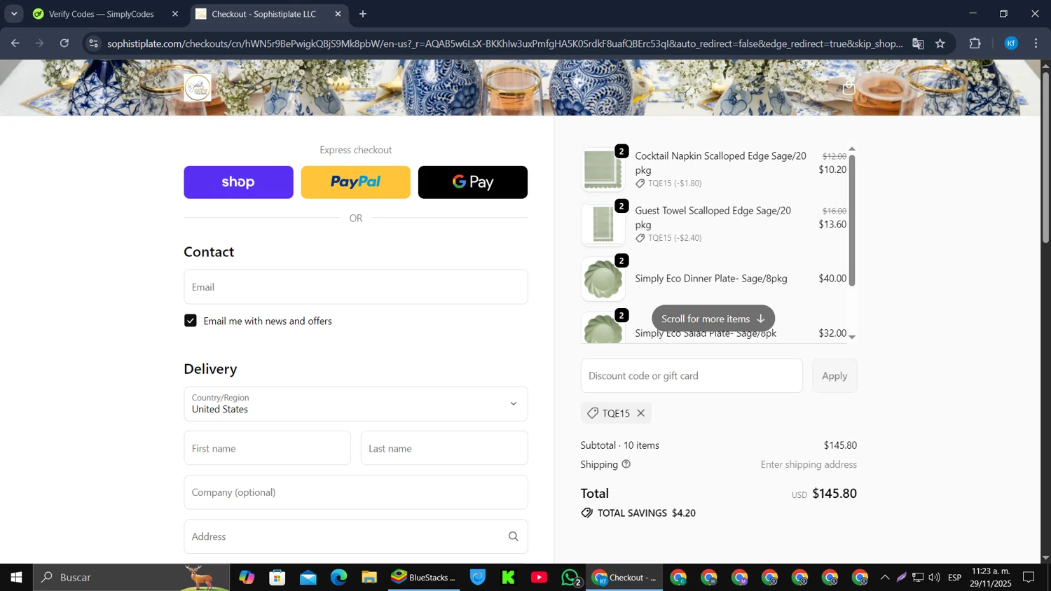 Sophistiplate discount code screenshot showing code TQE15 applied at Sophistiplate checkout page. Uploaded by SimplyCodes community member jorgeyahoo on Nov 29, 2025