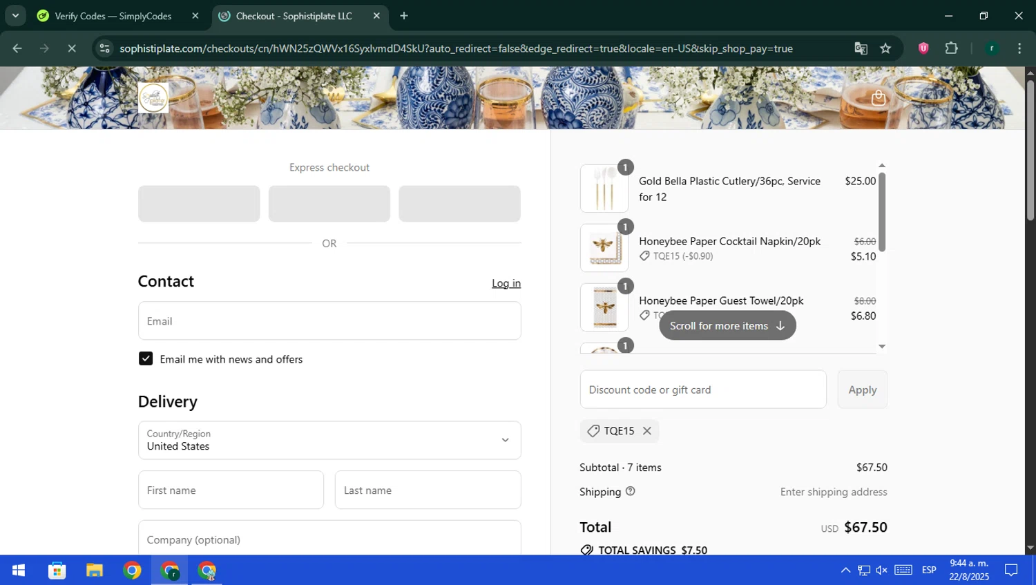 Sophistiplate discount code screenshot showing code TQE15 applied at Sophistiplate checkout page. Uploaded by SimplyCodes community member rodri1 on Aug 22, 2025