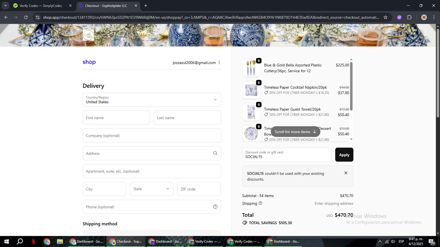 Sophistiplate discount code screenshot showing code SOCIAL15 applied at Sophistiplate checkout page. Uploaded by SimplyCodes community member BonusCaptain9927 on Dec 5, 2025