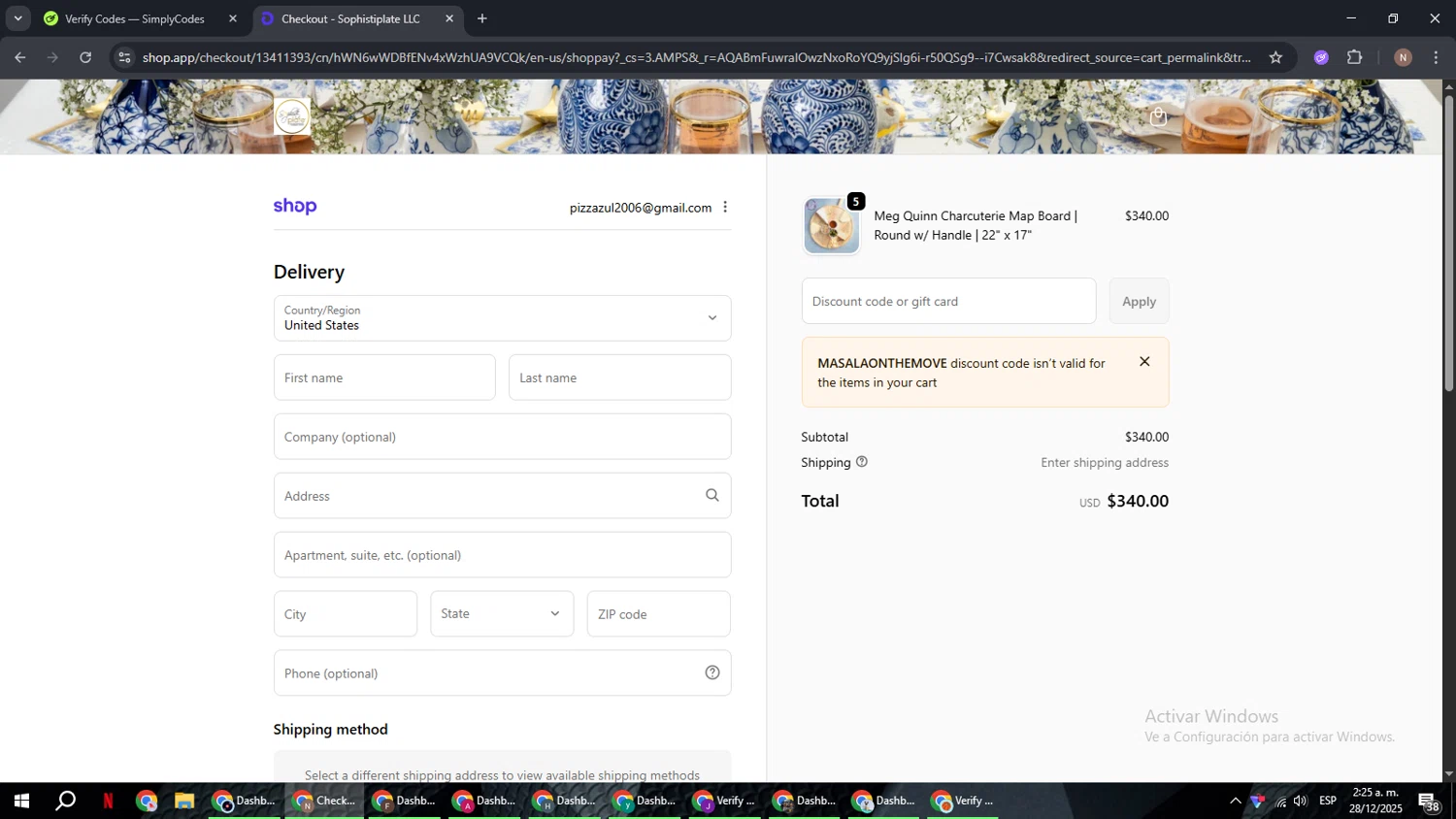 Sophistiplate discount code screenshot showing code MASALAONTHEMOVE applied at Sophistiplate checkout page. Uploaded by SimplyCodes community member DiscountPioneer2554 on Dec 28, 2025