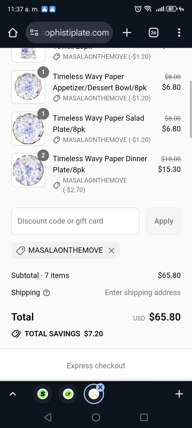 Sophistiplate discount code screenshot showing code MASALAONTHEMOVE applied at Sophistiplate checkout page. Uploaded by SimplyCodes community member George09 on Aug 26, 2025
