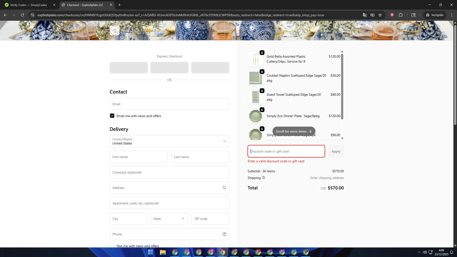 Sophistiplate discount code screenshot showing code DRINKSONME15 applied at Sophistiplate checkout page. Uploaded by SimplyCodes community member AVAMUSTANG on Dec 23, 2025