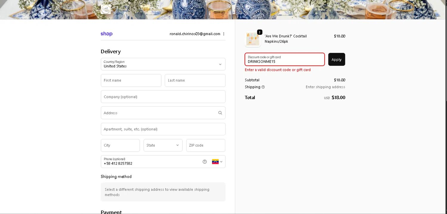Sophistiplate discount code screenshot showing code DRINKSONME15 applied at Sophistiplate checkout page. Uploaded by SimplyCodes community member GoldAce6962 on Dec 23, 2025