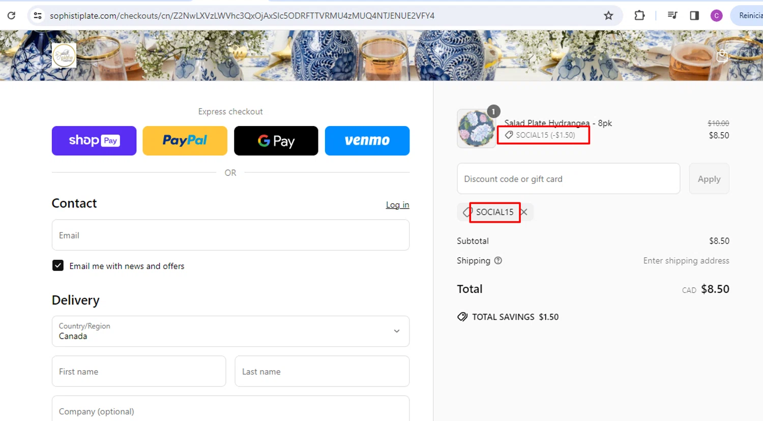 Sophistiplate discount code screenshot showing code SOCIAL15 applied at Sophistiplate checkout page. Uploaded by SimplyCodes community member nileskamarcano on Jun 5, 2025
