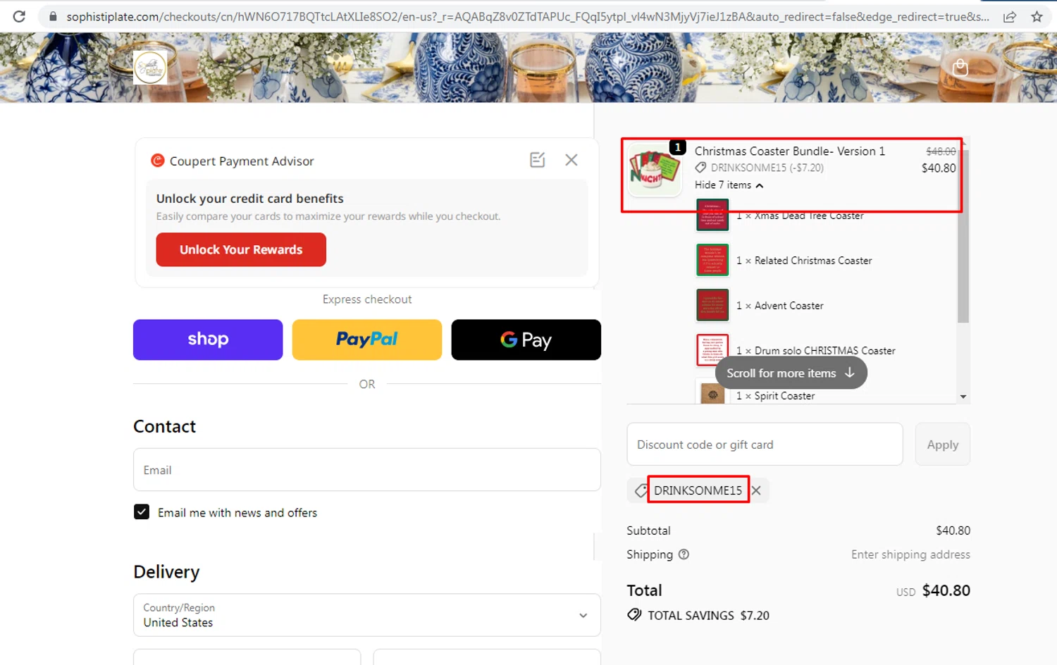 Sophistiplate discount code screenshot showing code DRINKSONME15 applied at Sophistiplate checkout page. Uploaded by SimplyCodes community member nileskamarcano on Dec 13, 2025