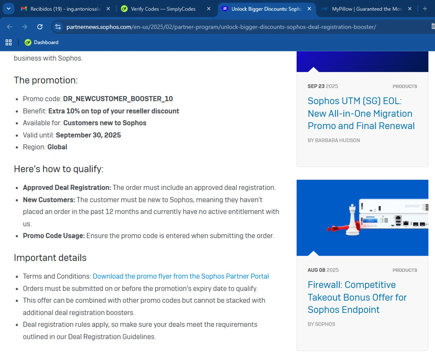 Sophos promo code screenshot showing code DR_NEWCUSTOMER_BOOSTER_10 applied at Sophos checkout page. Uploaded by SimplyCodes community member BargainPhoenix231 on Oct 8, 2025